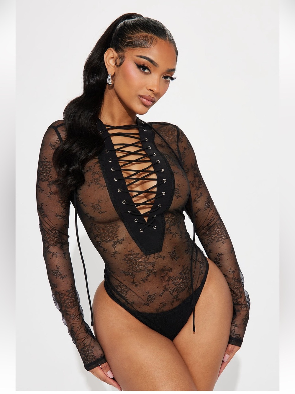 Fashion Nova See Through Me Lace Bodysuit - Black